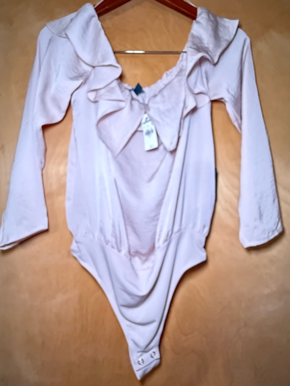 Express Light Pink Ruffle-Front Long Sleeve Bodysuit